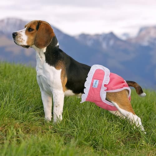 Teamoy 4 PCs fraldas de cachorro laváveis ​​com babados, fralda de incontinência para cães femininas, rosa + amarelo + azul