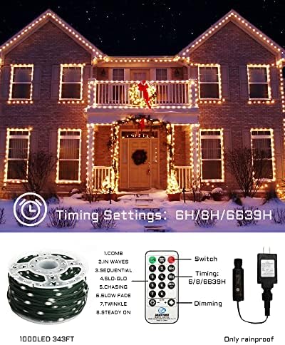 Luzes de Natal euasy ao ar livre, 1000 LED 344 pés de luz de fada Conclua à prova d'água com remoto, 8 modos com timer para decorações