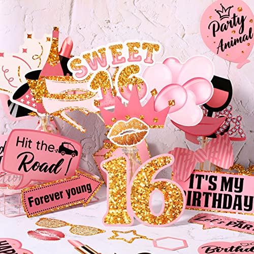 Nezyo Sweet 16th Birthday Photo Booth adereços, 36 peças Festa de 16º aniversário para meninas, rosa e ouro Booth Prop Pose