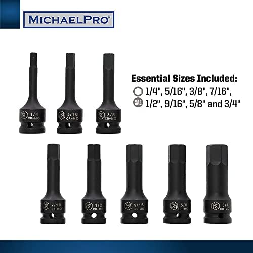 MichaelPro MP005028 8PC 1/2 ”Drive HEX Bit Socket Set, 1/4 a 3/4 , soquete de impacto SAE, CR-MO |
