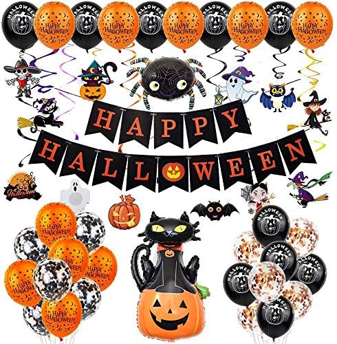 Decoração de festas de Halloween Conjunto de Happy Halloween Banner com balões de látex, espiral, abóbora, aranha para suprimentos de decoração para casa de Halloween