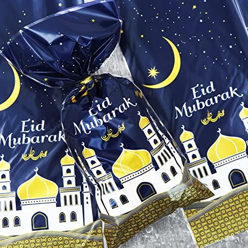 2023 Eid Mubarak Goodie Bags, 100 peças Castelo muçulmano Padrão de estrela da estrela Ramadã Bolsas de celofane sacos de bem