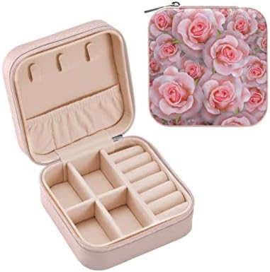 Alaza rosa rosa flor romântica Floral Small Jewelry Box for Women Girls Mens Travel Jewelry Case PU Organizer, Black Edge