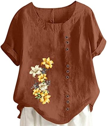 Tampas florais de tamanho grande para mulheres 2023 Button Summer Down Down Cotton Linen Jacquard Bloups Top Moda Camiseta