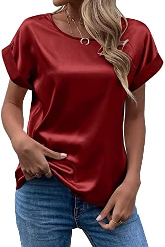 Tops de verão femininos elegante pescoço redondo sólido rolo de manga curta de cetim blusa de seda blusas moda 2023
