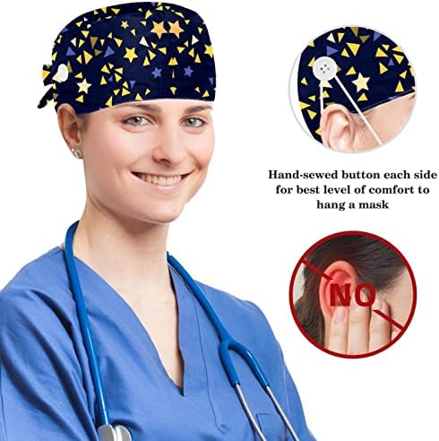 Chapéus cirúrgicos e conjunto de scrunchie de coelho, padrão rosa de tige azul tampas de esfoliação ajustável com botão para mulheres médicas