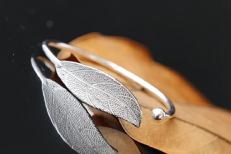 Jeolory brilhante e fofo 925 prata banhado simples folha de árvore em cff aberta puxível ajustável pulseira jóias