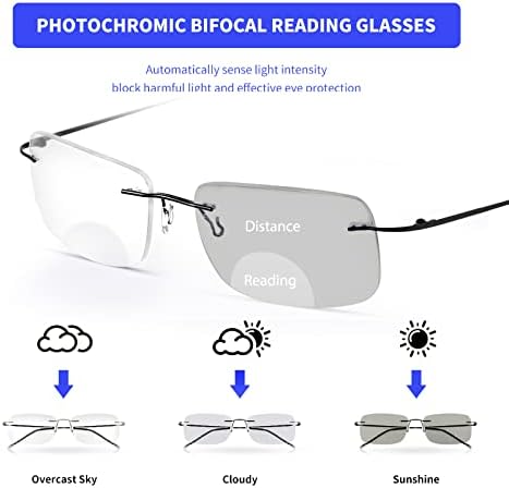 K. Espaço de leitura bifocal de leitura bifocal Blue Blocking Readers for Men and Women Transition Rimless Sunglasses