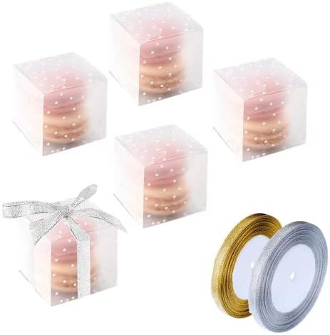 Pacote de 50 caixas transparentes foscas, caixas de doces de cubo transparente de 2 com fita de seda prateada e dourada