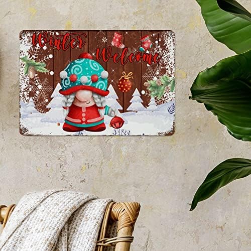 Metal Wall Sign Vintage Red Gnome Snowflake Sign Metal Wall Art Gnome Winter Welcome Plate Western Christmas Metal Sign Pintura de
