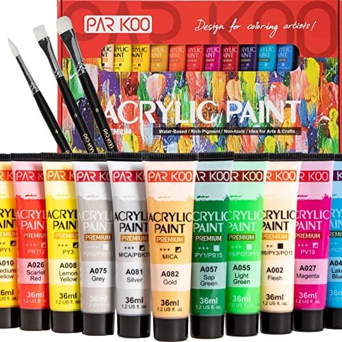Parkoo Acrílico Conjunto de tintas com 3 pincéis, 24 cores Pigmentos de qualidade premium, 1,2 oz/36 ml de suprimentos de