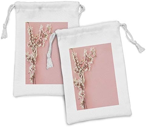 Ambesonne Almond Blossom Fabric bolsa conjunto de 2, árvore de flor de cerejeira de primavera em fundo rosa Pastel Japanese Design, pequeno saco de cordão para máscaras e favores de produtos de higiene pessoal, 9 x 6, creme rosa pálido
