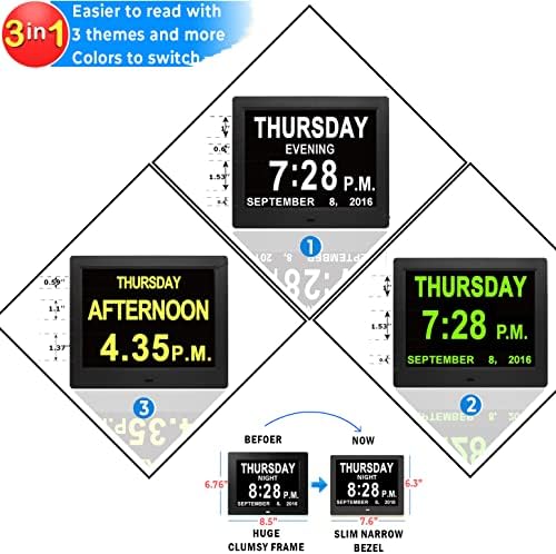Relógio do Dia Digital Véfa, Véfa, com Lembretes de DST e 19 Alarmes Automóticos, Relógios de 8 Demência com data e dia da semana, Relógio de parede da mesa para idosos Alzheimer - 8 polegadas brancas com remoto remoto