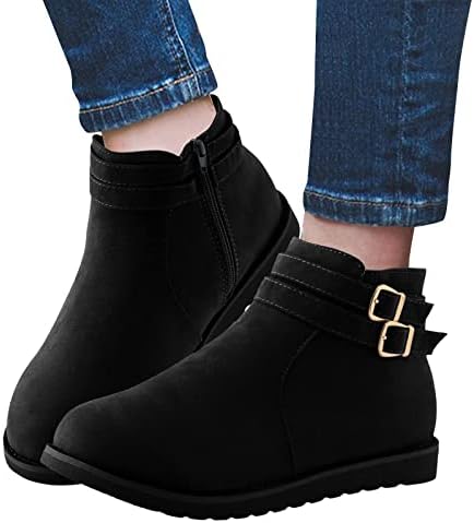 Botas para mulheres sem plataforma de calcanhar as botas de tornozelas moda de camurça sólida zíper lateral fivela vintage western