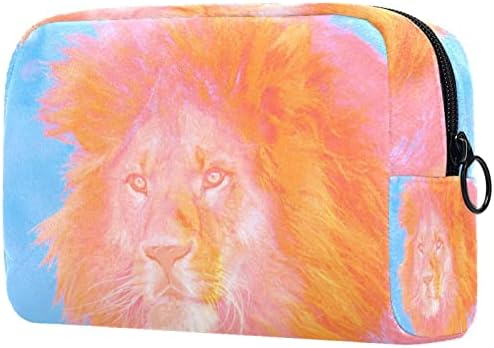 Saco de higiene pessoal pendurado de viagem, organizador de maquiagem portátil, suporte de cosméticos para pincéis, padrão de leão animal grande gato rosa azul