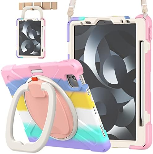 Braecnstock iPad Air 5th/4th Generation Caso, iPad Air 10,9 polegadas, estojo de silicone à prova de choque com kickstand rotativo, porta -lápis, alça de ombro, iPad Pro 11 polegadas crianças, arco -íris rosa