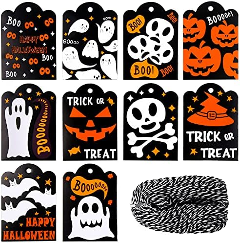 Lokipa Halloween Papel Tags - 100pcs Halloween Kraft Strett Tags com string para decoração de Halloween