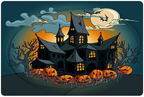 Lunarable Halloween Pet Tapete Para comida e água, castelo assombrado medieval com abóboras de jardim nuvens escuras noites assustadoras