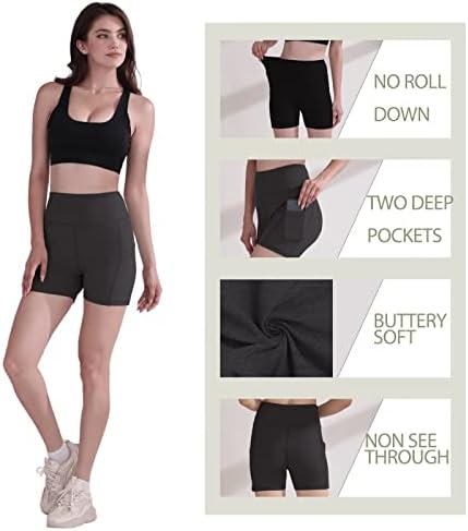 3 shorts de motociclista de embalagem para mulheres com bolsos - 4 de cintura alta Black Black Yoga Athletic Gymshorts