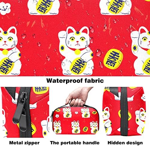 Sacos de cosméticos à prova d'água, desenho animado do Japão fofo Lucky Neko Cats Red Background Travel Sacos de cosméticos, sacolas de maquiagem portáteis multifuncionais, bolsa de armazenamento cosmético para mulheres