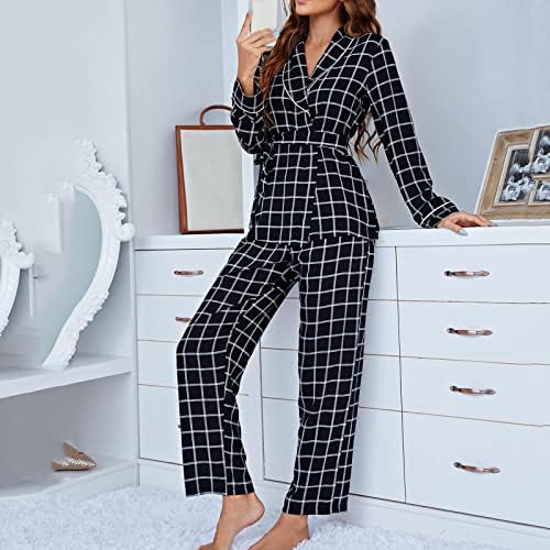 Pijama de algodão Conjunto de mangas compridas femininas Robe de calça de sono e calças xadrezas de roupas de noite PJ Softwear