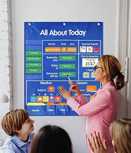 Circle Time Learning Center Pocket Pocket- Tudo sobre o gráfico de clima e calendário de hoje para crianças em idade pré-escolar