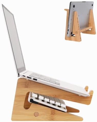 Posto de laptop Moyuart, laptop vertical de madeira Stand para mesa, laptop de bambu compatível com MacBook Air Pro/Dell
