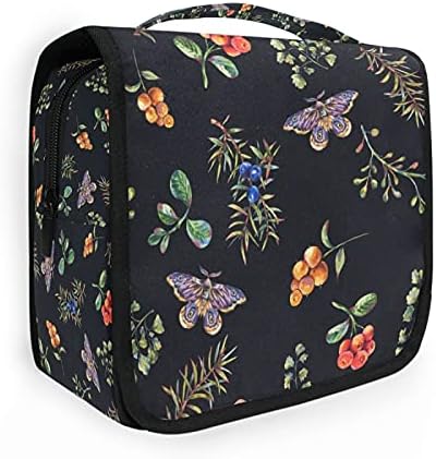 Saco de higiene pessoal pendurado Berry Borteira Borbolefia Planta tropical em maquiagem preta Bolsa de viagem para produtos de higiene