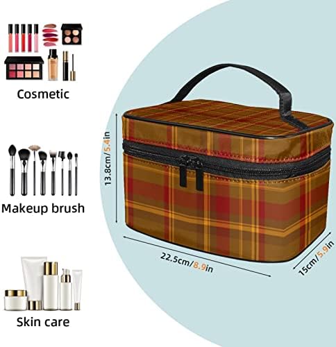 Saco de maquiagem pequeno, organizador cosmético da bolsa com zíper para mulheres e meninas, xadrez vintage clássico amarelo vermelho marrom amarelo