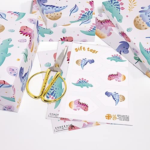 Papel de embrulho de dinossauro Central 23 - Para meninos e meninas - 6 folhas de dinossauro embrulhando - para aniversário, chritmas, férias, chá de bebê - vem com adesivos divertidos