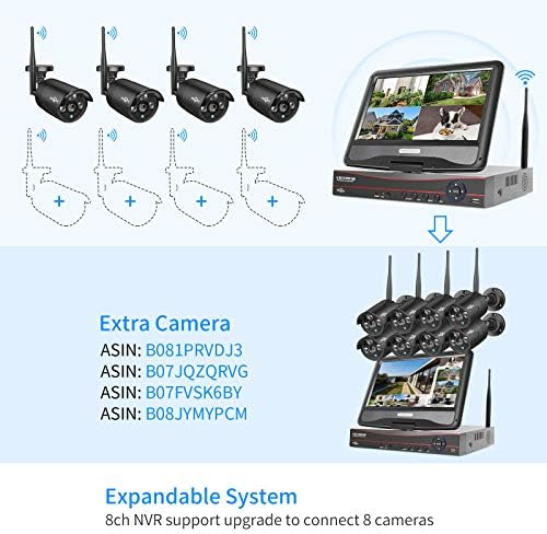 HisEeU [10CH Expandível] Sistema de câmeras de segurança sem fio com monitor LCD 5MP de 10,1 , 4pcs de 3mp câmeras internas