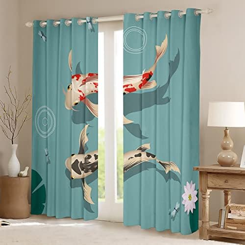 Casal cortinas de janela Koi, cortinas de blecaut de lótus de carpa para crianças adolescentes, cortinas de libélo de peixe na piscina