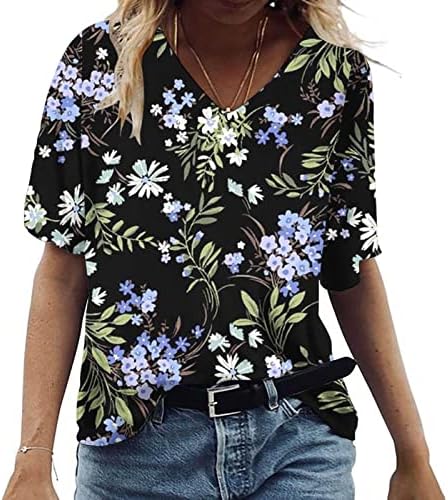 Camiseta solta para mulheres plus size floral estampa vil de pescoço de cola curta túnica túnica de verão camisas casuais