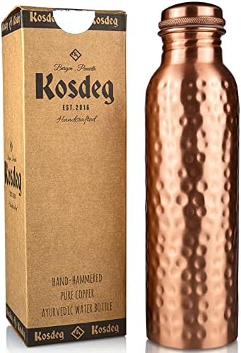Kosdeg Copper Water Bottle - 34 oz extra grande - um recipiente puro ayurvédico martelado para beber - beba mais água, abaixe a ingestão de açúcar e aproveite os benefícios de saúde imediatamente