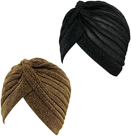 Getacota 3 peças Pleated Glitter Turban for Women Strethy Hat Beanie Africano Headwrap Twist Elastic Cap Headwear Acessório