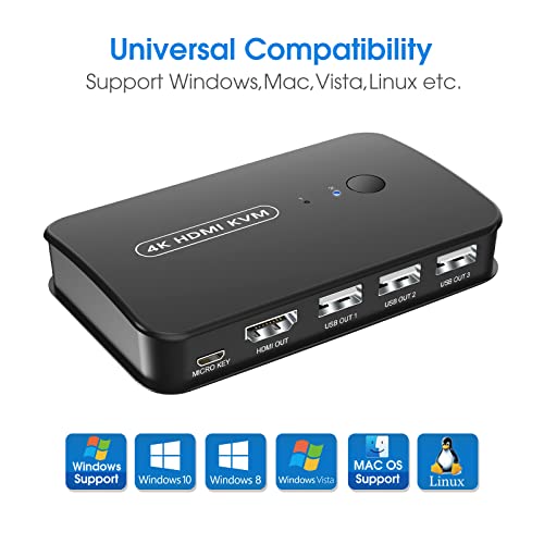 Switch 4K KVM HDMI 2 Port Box, USB e Switch HDMI para 2 computadores Compartilhe a impressora do mouse do teclado e um monitor HD,