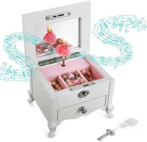 Jozen Gift Wooden Ballerina Jewelry Box With Mirror for Girls ， Caixa de Música de Armazenamento de Jóias da Jóia Branca, Jóia