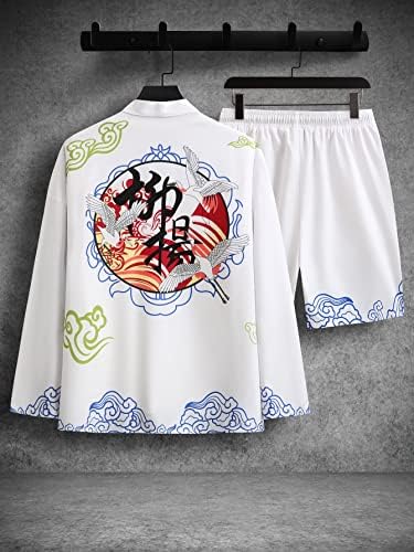 Roupas de duas peças para homens e impressão de guindastes de letras e crane kimono & shorts de cintura de cordão