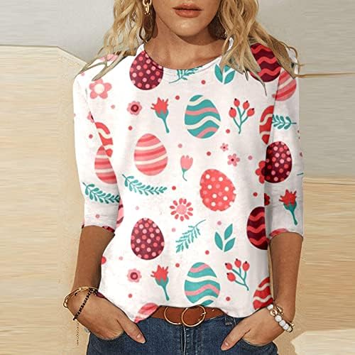 Camisas da Páscoa feminina 3/4 camisas de manga para mulheres Túnica de túnica da moda Casual estampa floral slub algodão tops