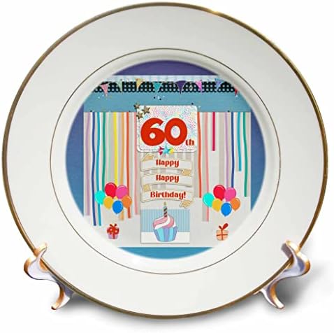 Imagem 3drose da etiqueta de 60 anos, cupcake, vela, balões, presente, serpentinas - placas