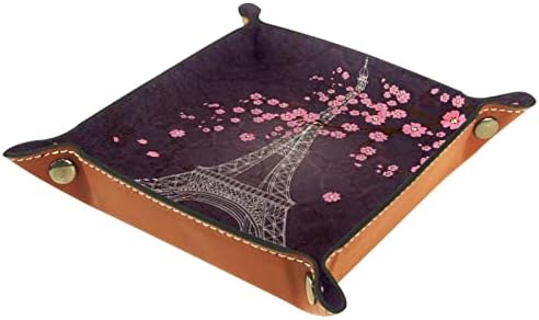 Bandeja de manobrista de couro, bandeja de dados suporte quadrado dobrável, placa organizadora de cômoda para trocar a chave da moeda, Paris Blossom Eiffel Tower Purple
