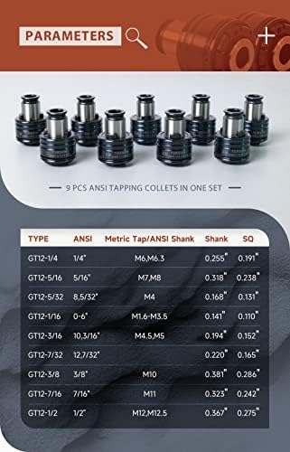 Estoque dos EUA GT12 ANSI COLLETS-1/16 TRUMO 1/8, 5/32 , 3/16, 7/32 , 1/4, 5/16 , 3/8, 7/16 , Coleg de torque de 1/2 para