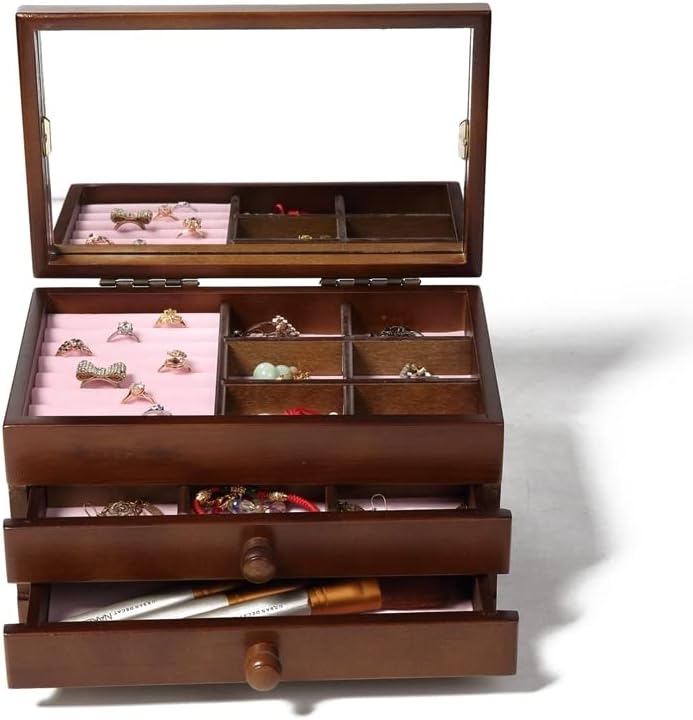 Qiaononai zd205 flanela jóias organizador caixa de madeira breollink de madeira anéis de armazenamento de armazenamento com exibição