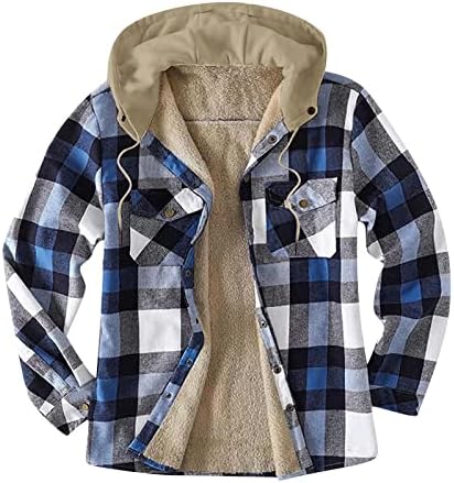 Jaqueta lineada de acolchoamento masculino, xadrez xadrez de camisa de flanela quente com capuz de veludo com capuz de mapo de camisa