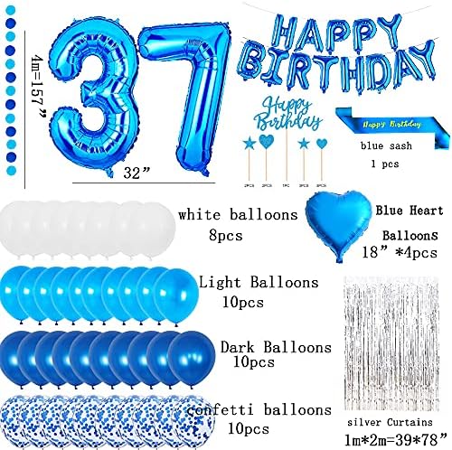 yujiaonly 37º aniversário decoração de festa azul feliz aniversário balões azul número 37 feliz aniversário bolo de faixa