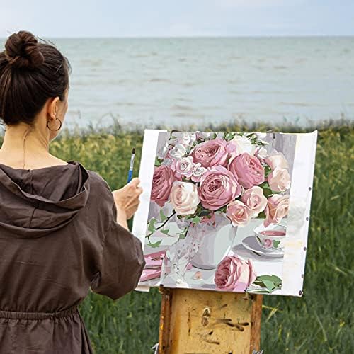 Whatwears Pintura por kits de números Roses Bouquet Pintura a óleo sobre tela para adultos e pintura para iniciantes com
