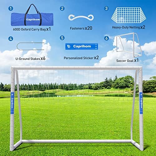 Caprihom 6ftx4ft/8ftx 5ft/10ftx6,5ft Objetivo de futebol com 2 redes | Rede de futebol com quadro UPVC à prova de intempéries, estacas de terra | Equipamentos de treinamento de metas de futebol portáteis para crianças e adultos para o quintal