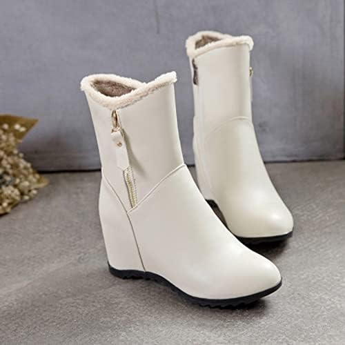 Botas longas para mulheres senhoras lã de couro sólida lã quente zíper lateral interior Boots Botas médias Botas de chuva claras