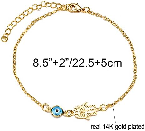Tornozeleta do olho maligno para mulheres adolescentes, delicadas reais 14k ouro/prata Figaro Chain Evil Eye Hamsa Hand Charm Bracelets
