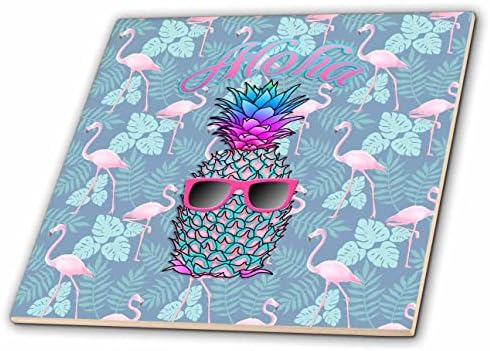 3DROSE Um abacaxi colorido e fresco e flamingos, Aloha. - Azulejos